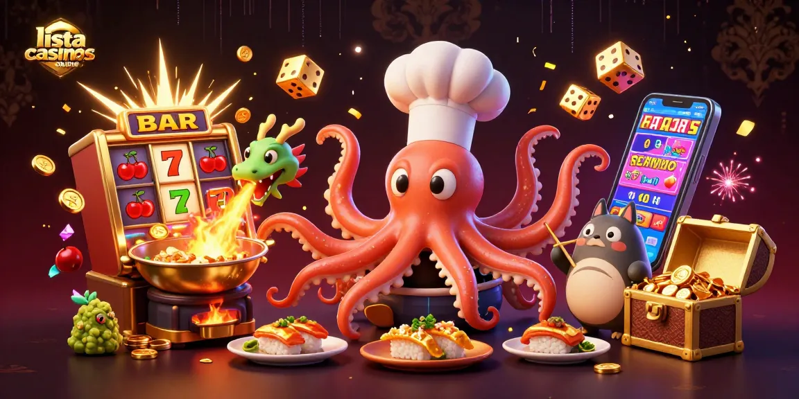Lista de casinos online con un chef pulpo y un dragón en una escena vibrante de juego
