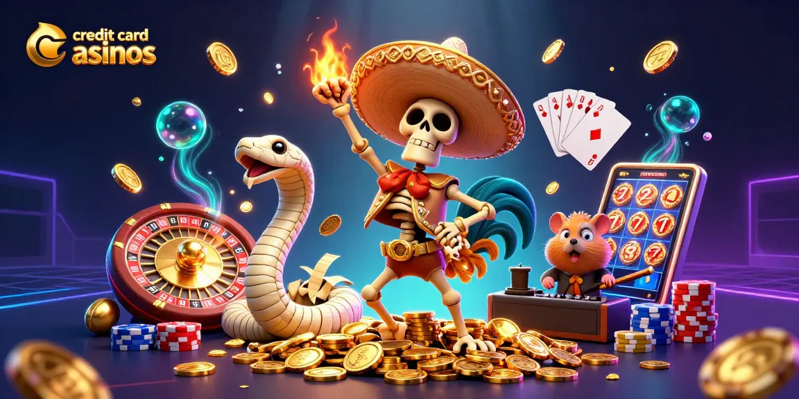 Experience exciting play at credit card casinos with vibrant characters and casino elements.