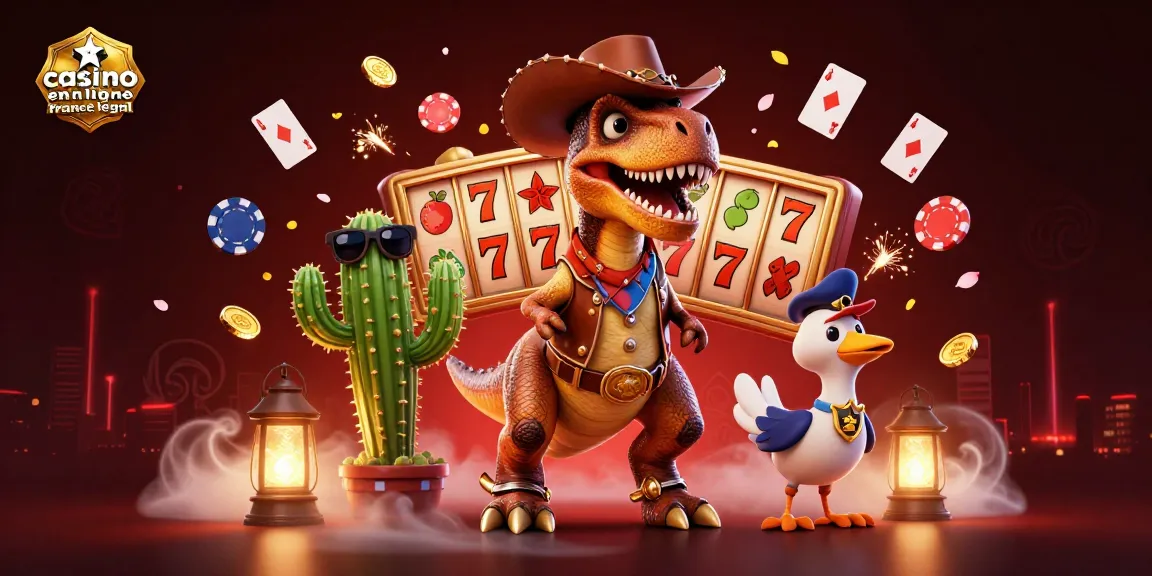 Illustration vivante de casino en ligne France légal avec un T-Rex, un cactus et un oiseau shérif entourés de jeux de cartes et de jetons.