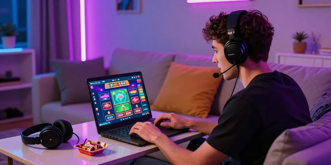 Enthusiastic player enjoying credit card casinos experience at home, surrounded by gaming accessories.