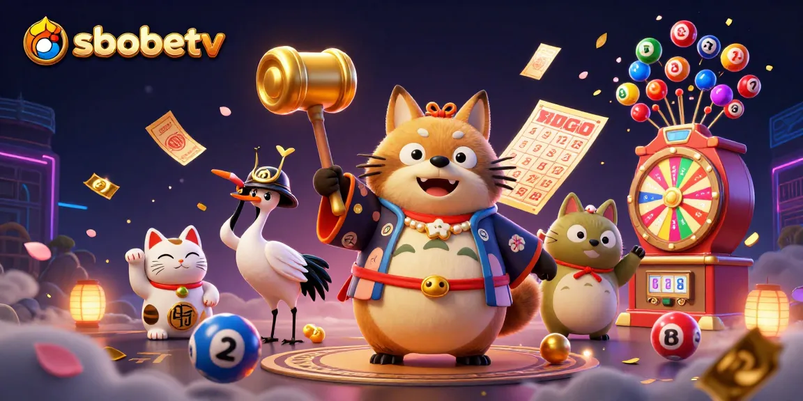 Experience sbobetv's latest betting thrills with a lively illustration featuring cheerful tanuki and lottery elements.
