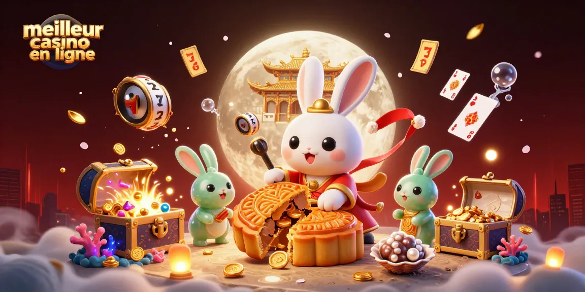 Illustration dynamique du meilleur casino en ligne, réunissant un lapin lunaire et des éléments de jeu captivants.
