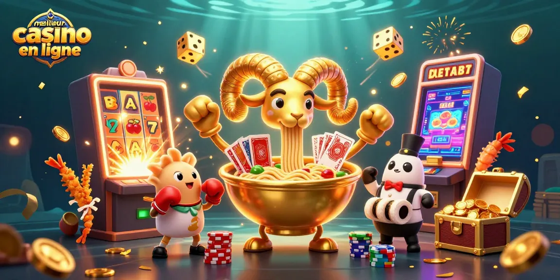 Jouez au meilleur casino en ligne avec une illustration dynamique de personnages amusants et des éléments de jeu.