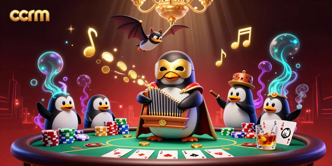 Experience the vibrant energy of ccrm casinos with a 3D penguin playing an organ amidst swirling poker elements.