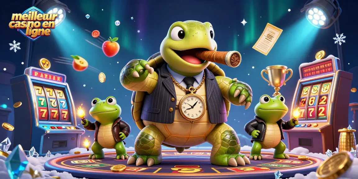 Illustration d'un meilleur casino en ligne avec une tortue en costume vintage et des grenouilles, entourée d'éléments de jeux