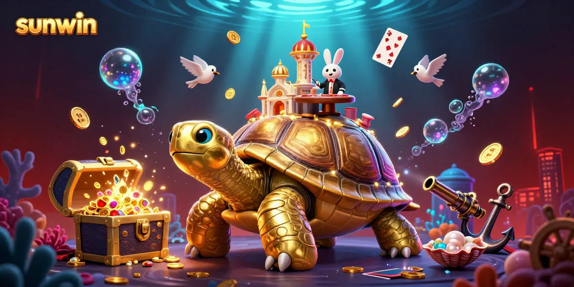 Experience the thrill of sunwin's gaming world with a dynamic casino scene featuring a golden tortoise and a rabbit dealer.
