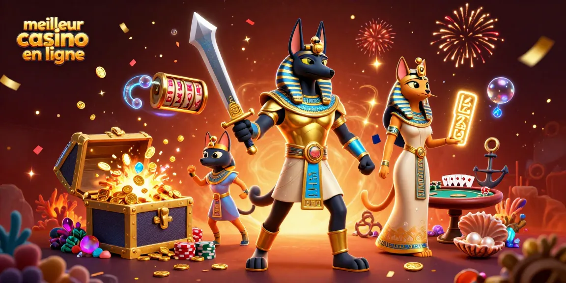 Jouez et gagnez au meilleur casino en ligne avec Anubis et Bastet entourés de superbes trésors.