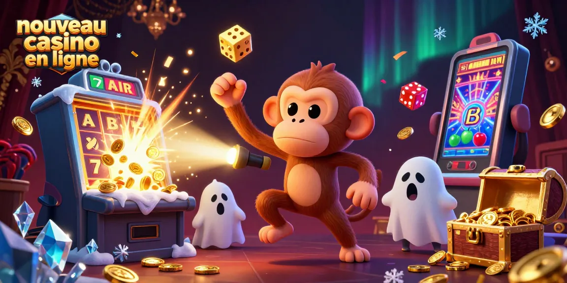 Jouez au nouveau casino en ligne avec un poltergeist de singe et un chiot détective, entouré de machines à sous et de trésors.