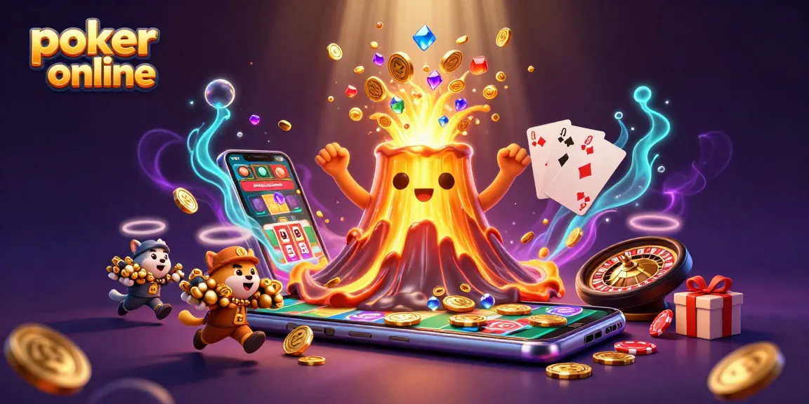 Jouez au poker en ligne parmi une scène dynamique de volcan, pièces d’or et cartes de jeu.