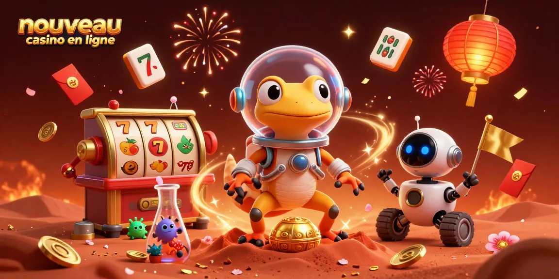 Profitez d'un nouveau casino en ligne avec un gecko martien découvrant un casino doré dans un décor dynamique.