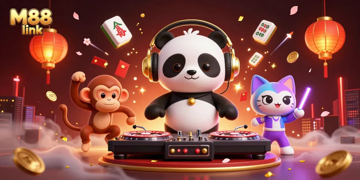 Engage in dynamic play with M88 link, featuring a DJ panda, dancing monkey, and rave kitten.