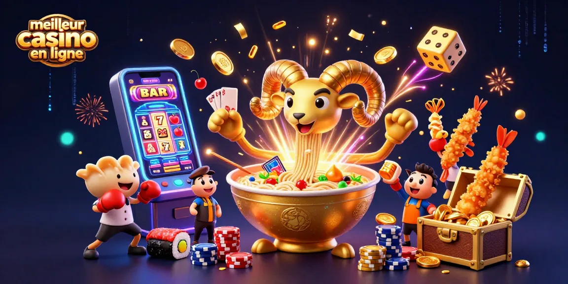 Visualisez le meilleur casino en ligne avec un bol en ramen géant et des personnages colorés.