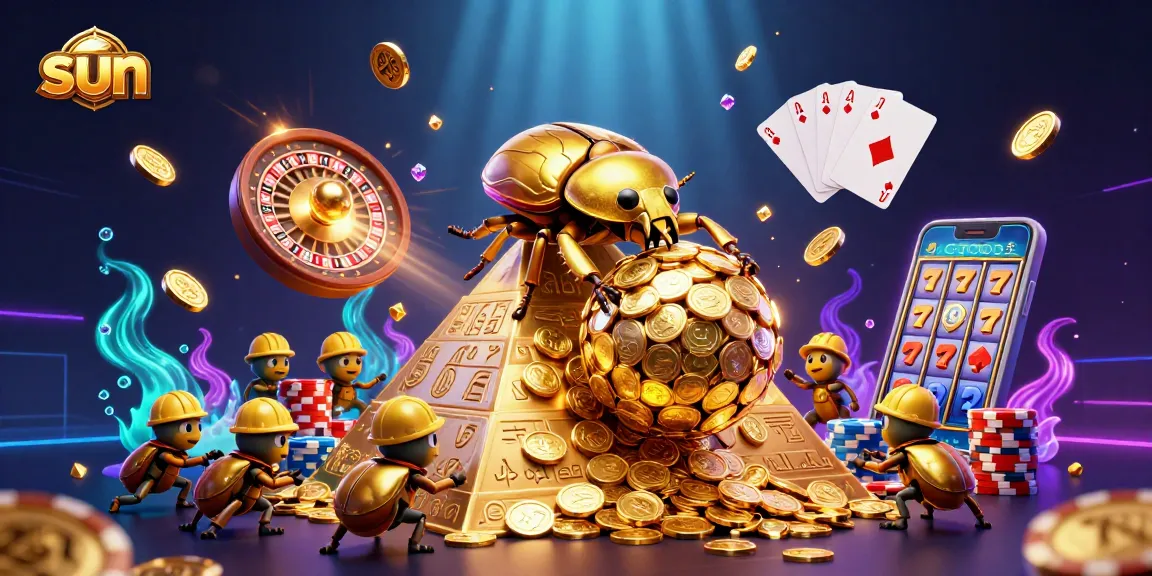 Experience thrilling casino adventures with sun-themed 3D illustration featuring golden beetles and vibrant game elements.