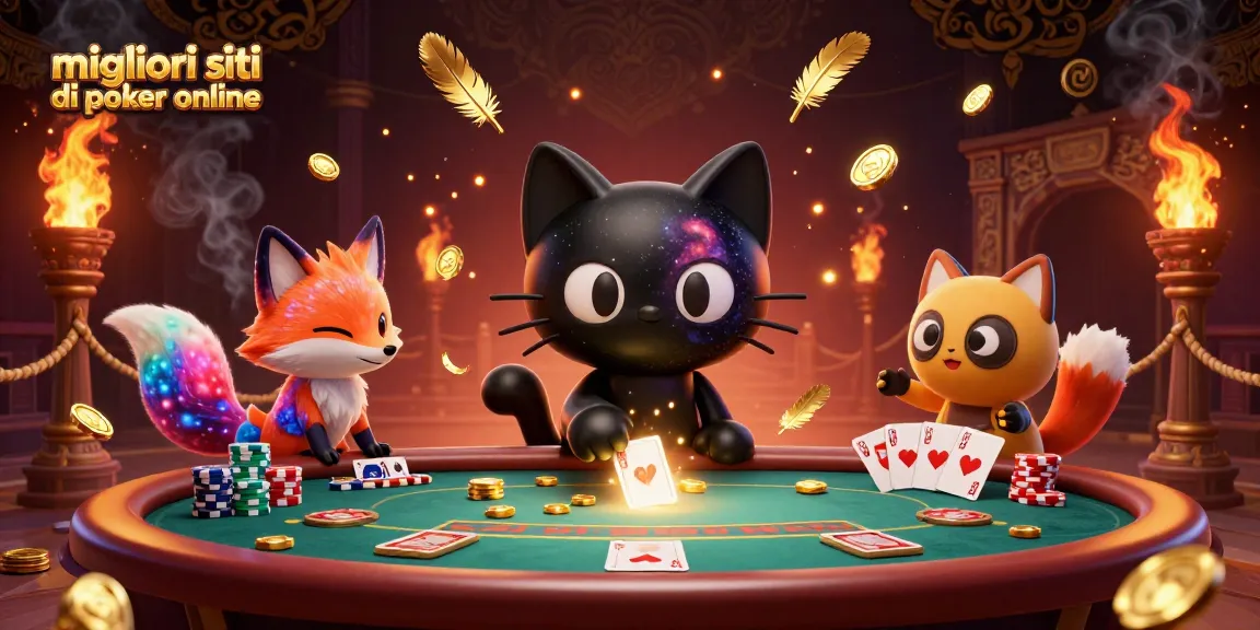 I principali siti di poker online presentano un'atmosfera vibrante, con tavoli e carte in un'illustrazione 3D stilizzata.
