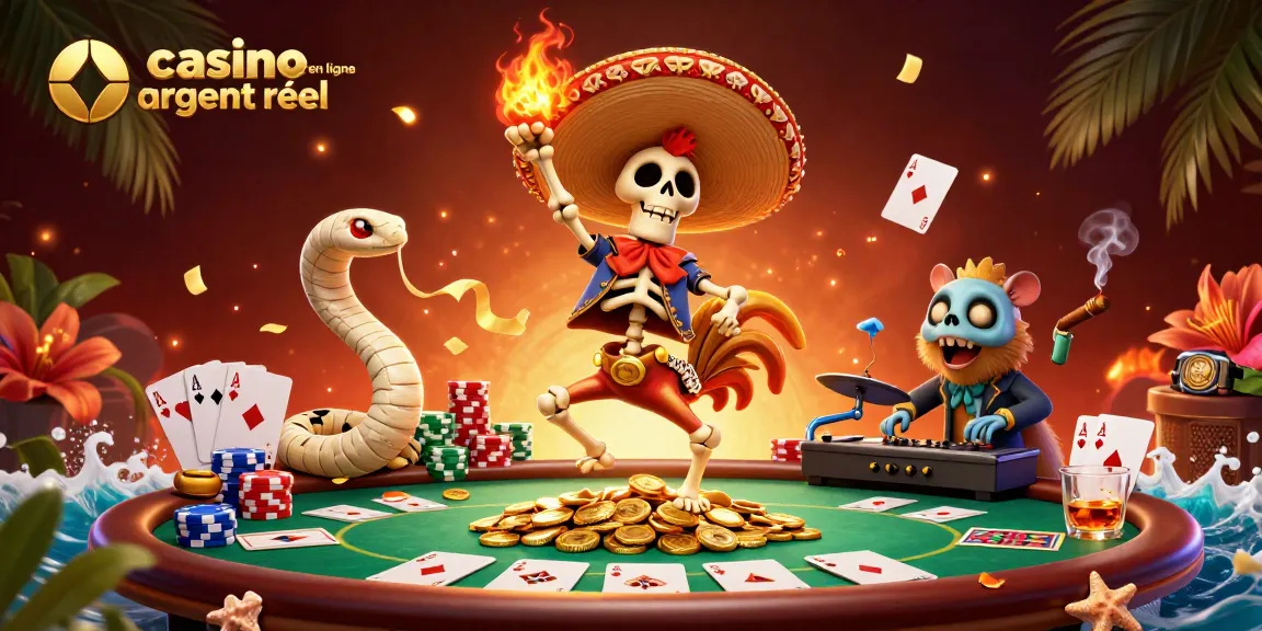 Jouez au casino en ligne argent réel avec une scène dynamique de personnages de jeu colorés et festifs.