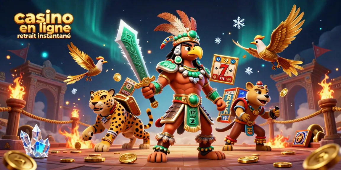 Retirez instantanément vos gains avec ce casino en ligne montrant des guerriers azteques et des éléments de jeu captivants.