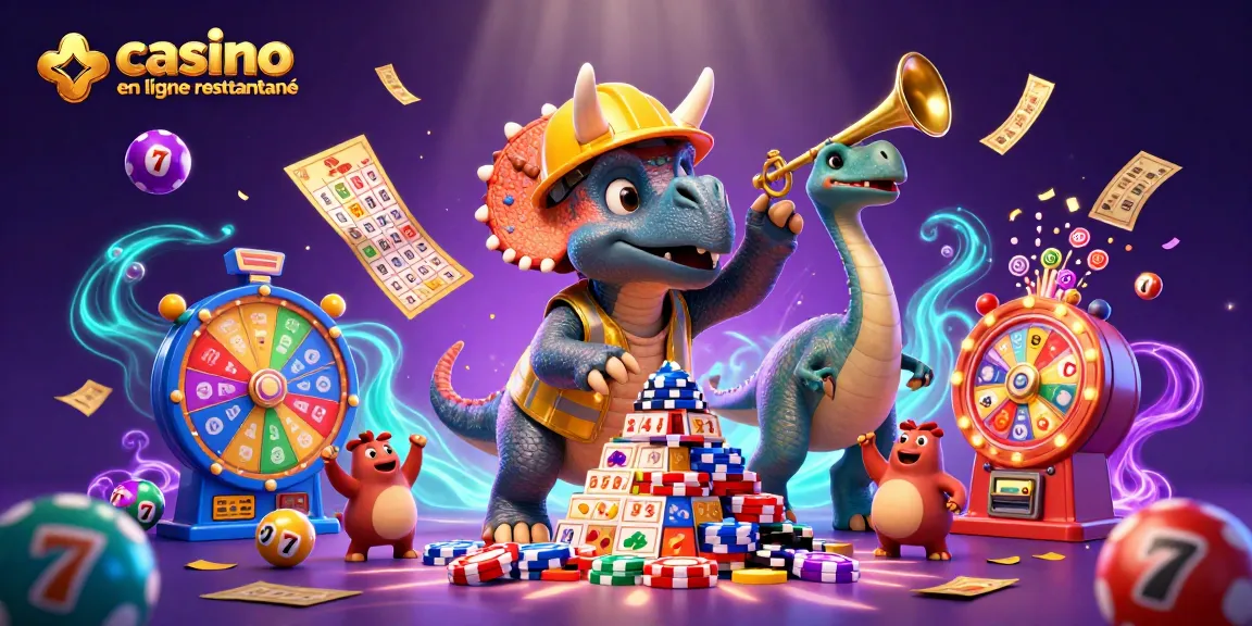 Illustration dynamique de casino en ligne retrait instantané avec des personnages de dinosaures et des éléments de jeu colorés.