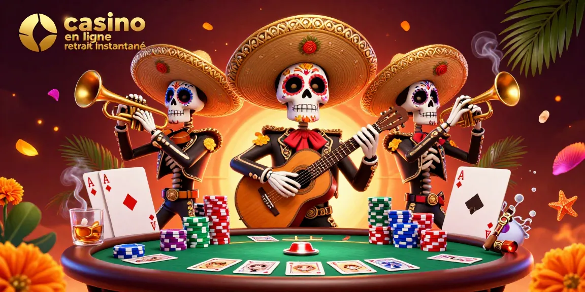 Illustration d'un casino en ligne avec retrait instantané mettant en scène des personnages colorés et des éléments de jeu.