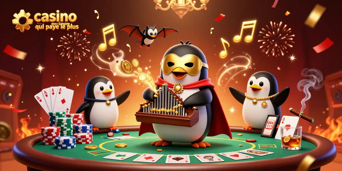 Illustration d'un pingouin jouant de l'orgue qui génère des pièces d'or dans le casino en ligne qui paye le plus.