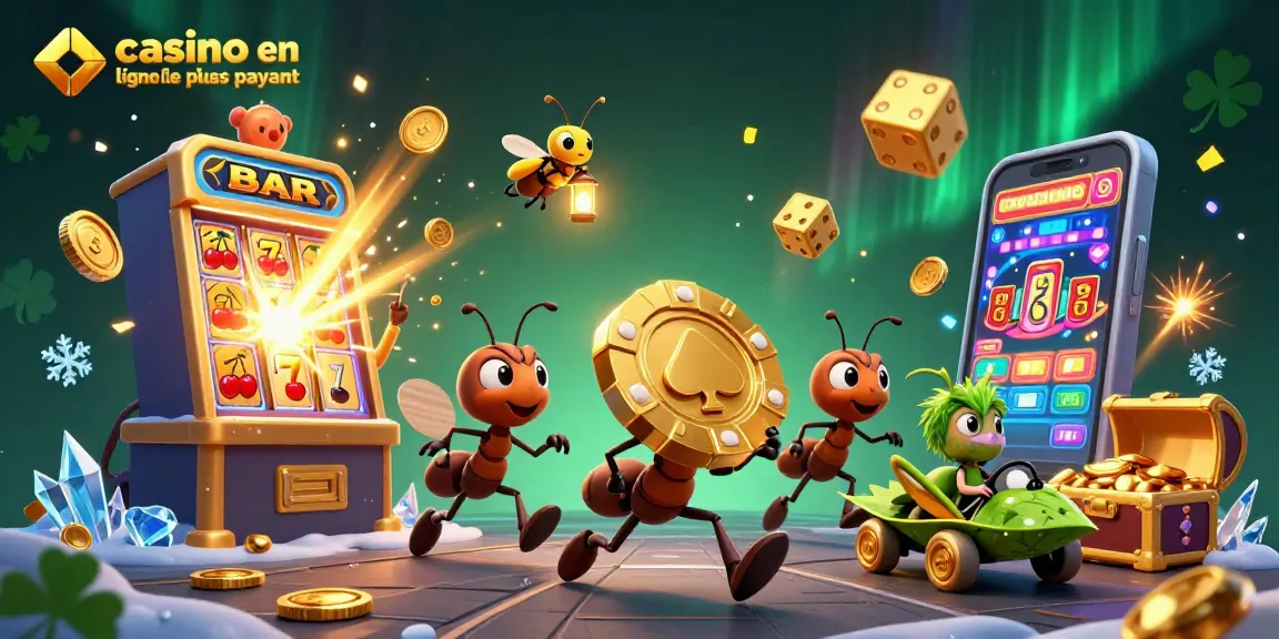Fourmis transportant un gros jeton de poker au casino en ligne le plus payant, dans un tunnel rempli d'effets lumineux.