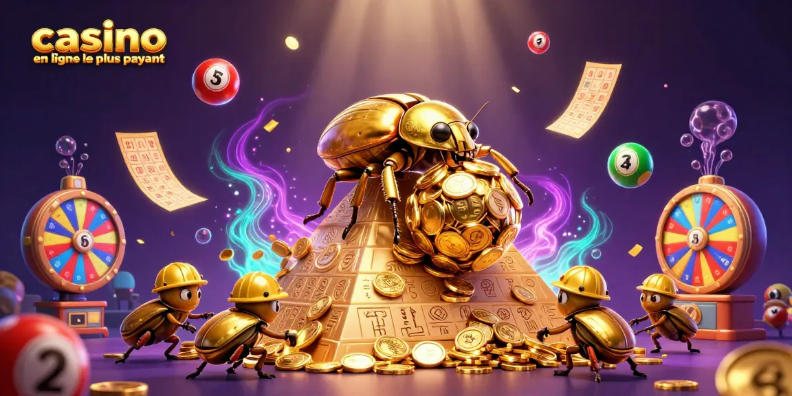Illustration dynamique de casino en ligne le plus payant avec un scarabée doré et des balles de loterie colorées.