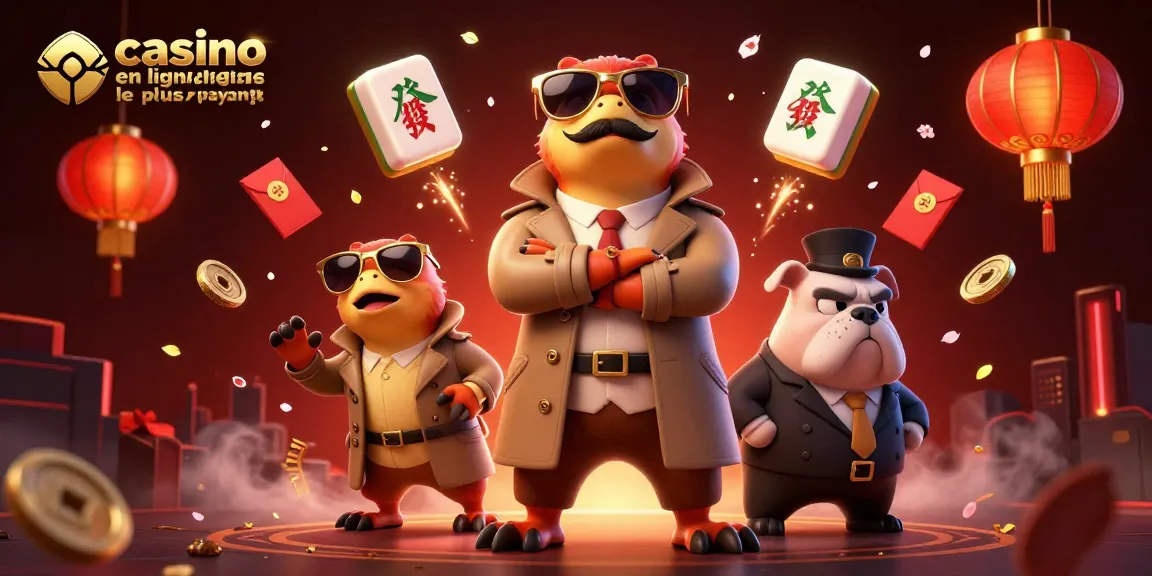 Illustration dynamique de trois raptors en trench coat comme client de casino en ligne le plus payant, interagissant avec un bulldog bouncer.