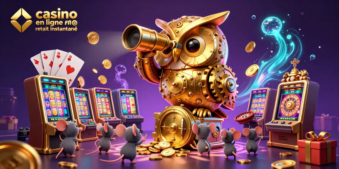 Profitez de l'adrénaline du casino en ligne retrait instantané avec un hibou doré observant le sol du casino.