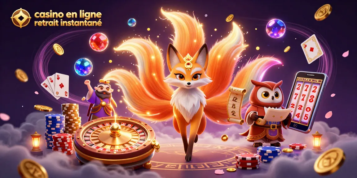 Profitez des jeux de casino avec un retrait instantané en ligne illustrant un esprit renard et une chouette.