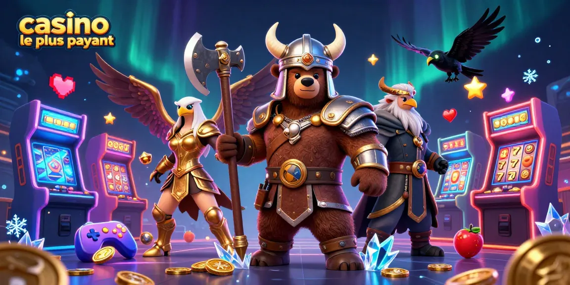 Illustration animée captivante représentant des personnages de Viking et d'aigle dans un cadre de casino en ligne le plus payant.