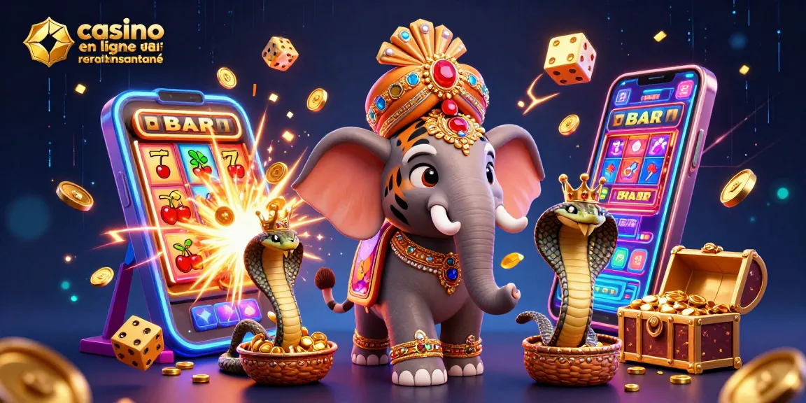 Casino en ligne retrait instantané avec un éléphant précieux et des machines à sous sur fond brillant.