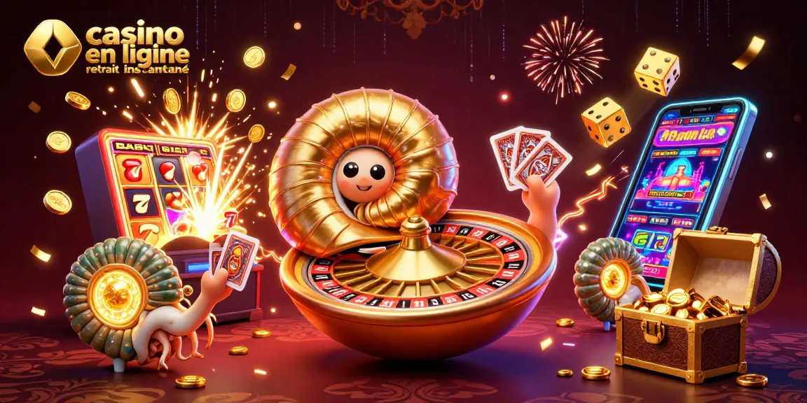 Image d'un nautilus géant et des éléments de casino en ligne retrait instantané, ambiance festive.