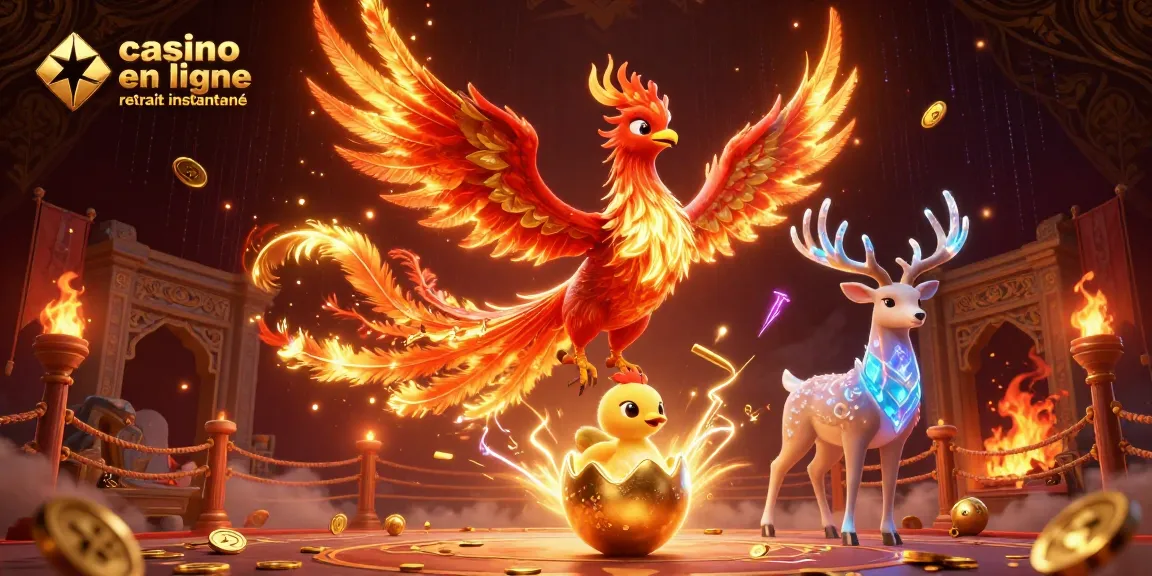 Déclenchez votre chance avec casino en ligne retrait instantané illustré par un phoenix flamboyant et une scène de casino dynamique.