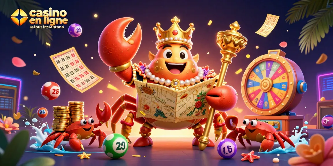 Illustration dynamique de casino en ligne retrait instantané avec un crabe empereur et des crabes portant des jetons d'or.