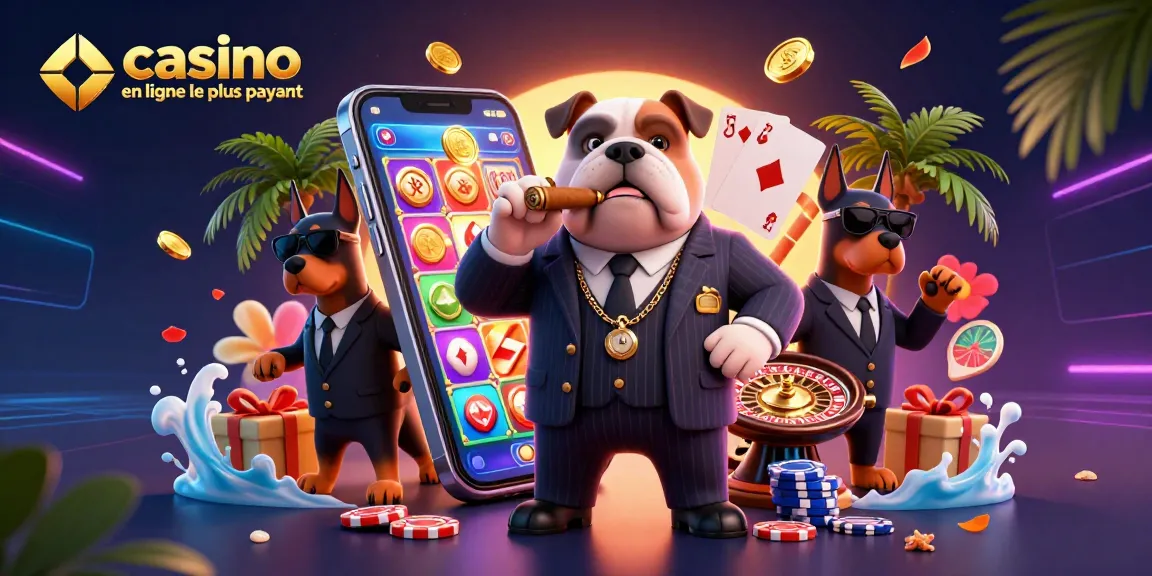 Illustration du casino en ligne le plus payant avec un bulldog mafia en costume au centre et des éléments de jeu dynamiques.