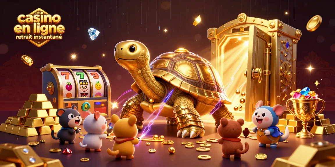 Jouez à casino en ligne retrait instantané avec une scène de tortue dorée géante remplie de trésors.