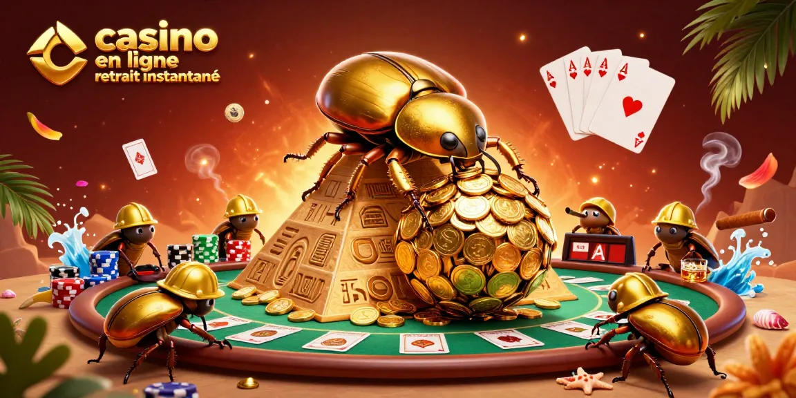 Gagnez au casino en ligne retrait instantané avec ce visuel iconique de coccinelles dorées et symboles de jeu.