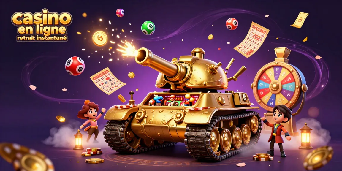 Jouer dans un casino en ligne retrait instantané avec un tank doré, des boules de loterie colorées et des confettis dorés.