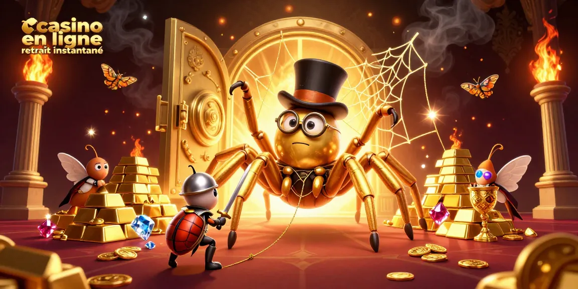 Expérimentez le casino en ligne retrait instantané avec une scène vibrante de personnages animés et de trésors.