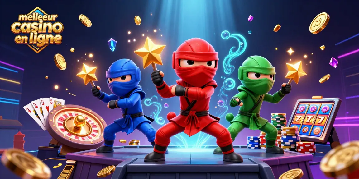 Visitez le meilleur casino en ligne avec cette scène vibrante de ninjas caméléons et éléments de jeu animés.