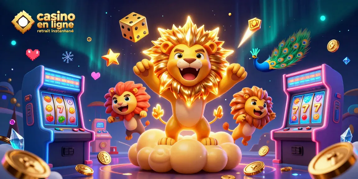 Visualisez le casino en ligne retrait instantané avec des éléments de jeu colorés et un lion majestueux.