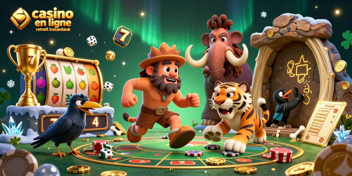 Jouer au casino en ligne retrait instantané avec une illustration dynamique et colorée d'une scène préhistorique.