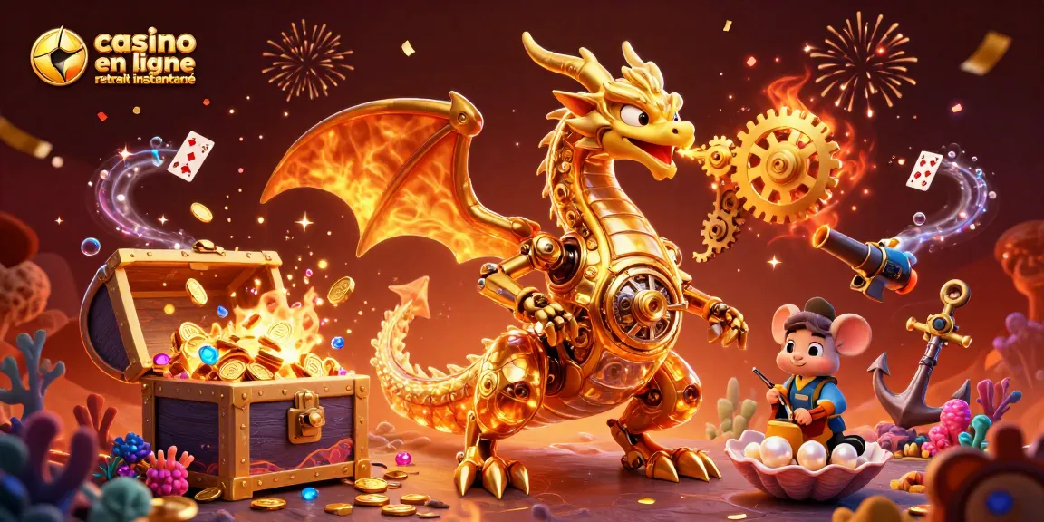 Jouez au casino en ligne retrait instantané avec un dragon doré et des trésors sous-marins.