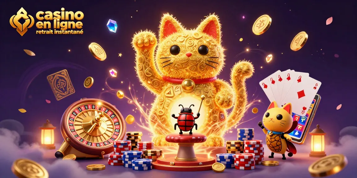 Illustration de casino en ligne retrait instantané avec un chat porte-bonheur et des éléments de jeu captivants