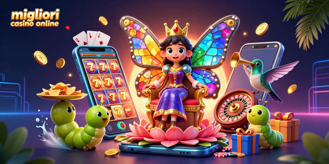 Scopri i migliori casinò online con una regina farfalla in un mondo colorato di slot e chips d'oro.