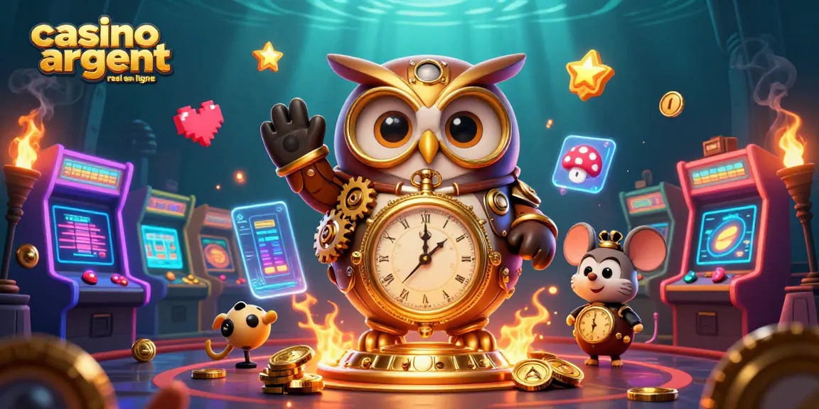 Image d'un hibou voyageur en steampunk avec des éléments de casino et le texte « casino argent réel en ligne ».