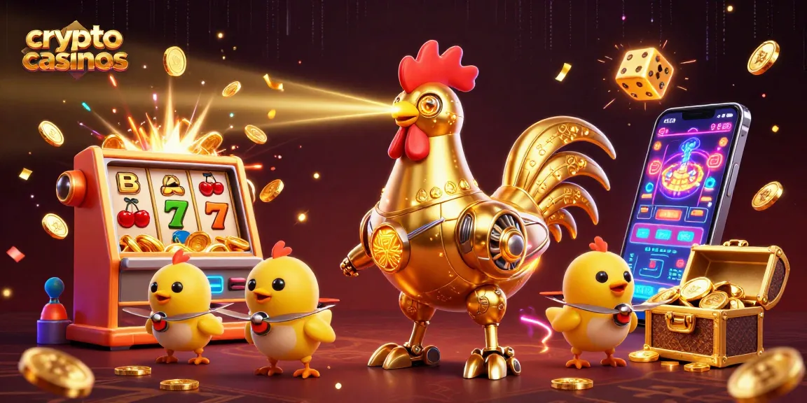 Illustration d'un casino crypto avec un robot coq doré et des drones de poussins, vibrant avec des pièces d'or