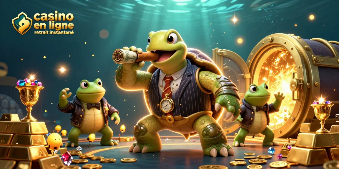Illustration captivante sur le thème du casino en ligne retrait instantané avec une tortue au costume vintage et des grenouilles garde du corps.