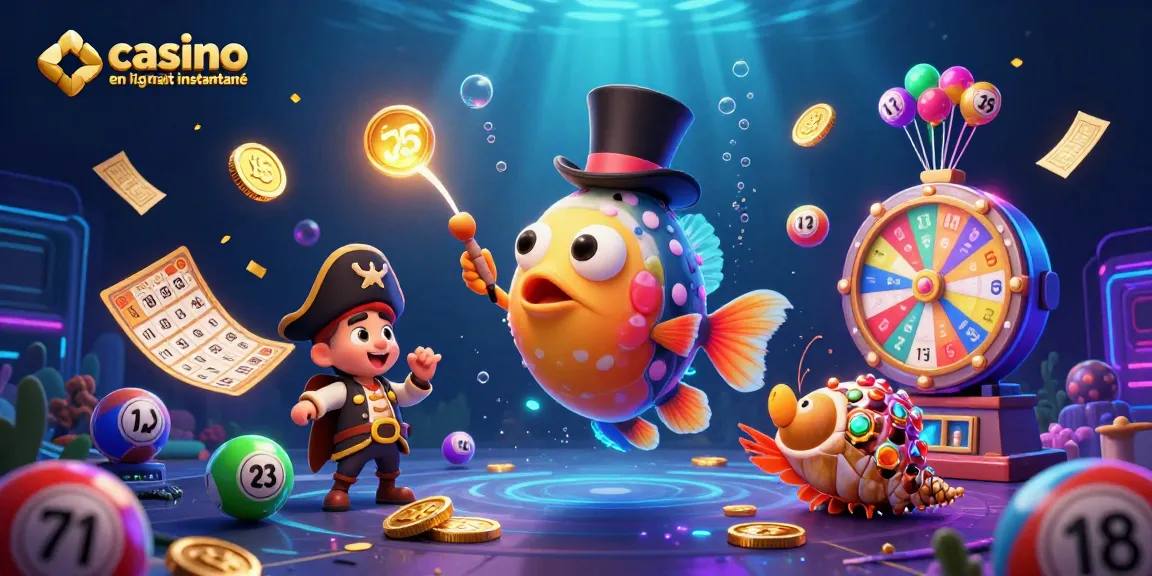 Accédez à des gains instantanés avec le casino en ligne retrait instantané, illustrant poissons, pièces d'or, et loteries.