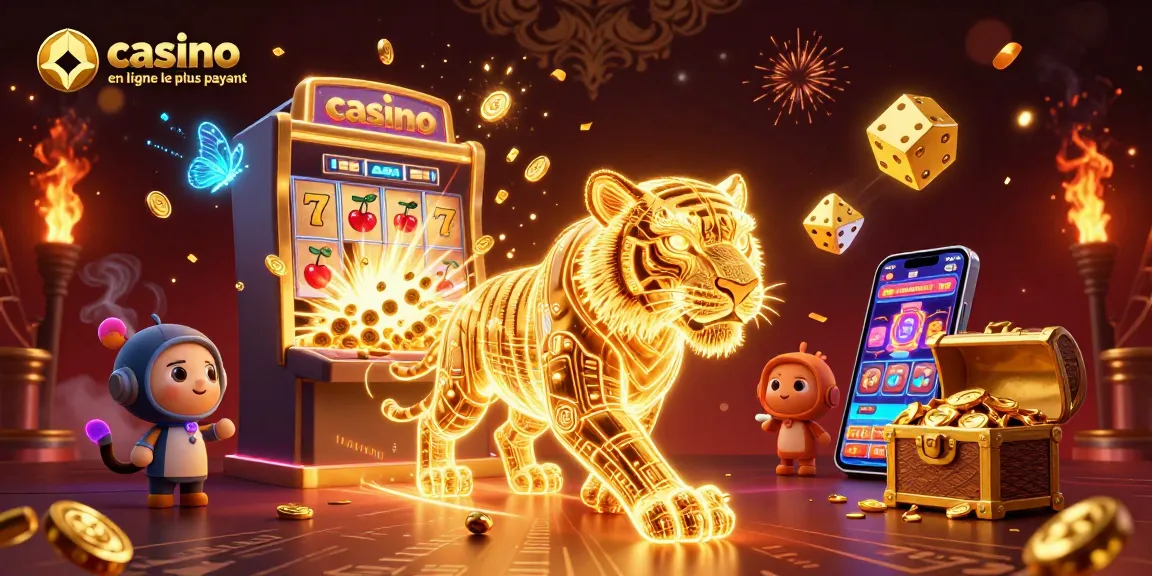 Plongez dans le monde des gains avec le casino en ligne le plus payant, illustrant un tigre lumineux entouré de machines à sous et de symboles chanceux.