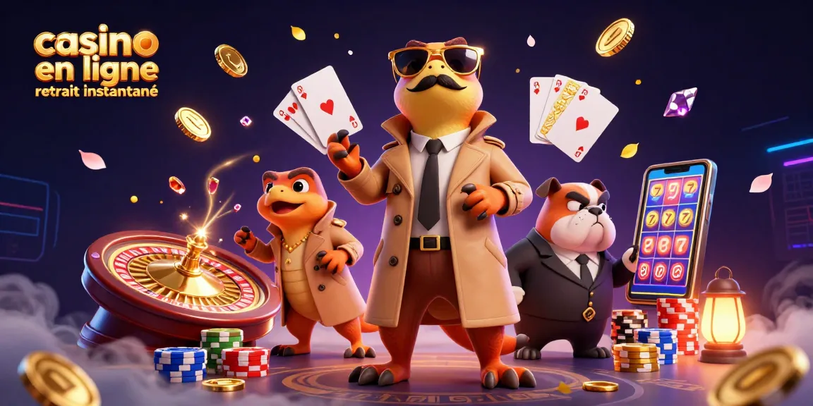 Illustration dynamique de raptors déguisés tentant d'entrer dans un casino en ligne retrait instantané rempli d'éléments de jeu.